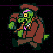a pixel art drawing of a monster with a purple hat