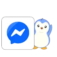 a penguin is standing next to a blue messenger icon