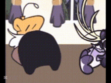 a cartoon of a person standing next to a cartoon character with a purple tail .
