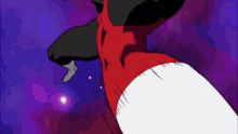 a hand is reaching out towards a red object in the middle of a purple and blue background .