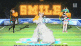 a girl in a white dress is dancing in front of a sign that says " smile "