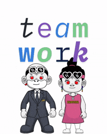 a couple of cartoon characters holding hearts in front of the words team work