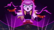 a cartoon character with purple hair and a purple background is holding a purple object .