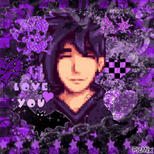 a pixel art of a man in a hoodie with the words " i love you "