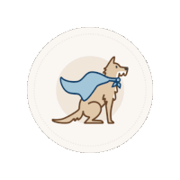a dog wearing a blue cape is sitting in a white circle