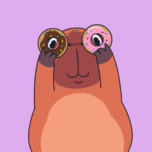a cartoon drawing of a capybara holding two donuts in its hands