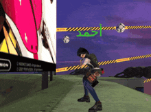a video game character is kicking a ball in front of a sign that says lost