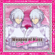 a weapon of mass seduction poster with a pink frame