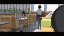 a girl sits at a table in a restaurant with absolute cinema written on the bottom