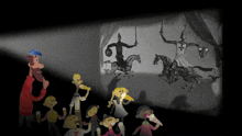 a group of people are watching a cartoon of a man on a horse