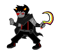 a cartoon character is holding a scythe with a crescent moon on it
