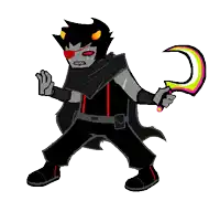 a cartoon character is holding a scythe with a crescent moon on it