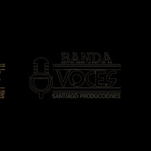 a logo for banda voces santiago producciones with a gold microphone on a black background