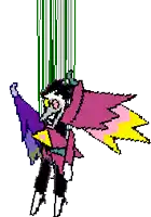 a pixel art drawing of a cartoon character with wings and a cape .