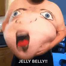 a man with a face drawn on his belly is holding a jelly belly .
