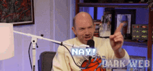 a man sitting in front of a microphone with the words nay dark web on the screen