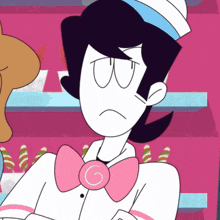 a cartoon character with a pink bow tie and a g on his shirt