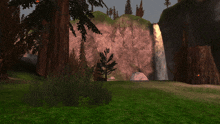 a computer generated image of a waterfall in a forest