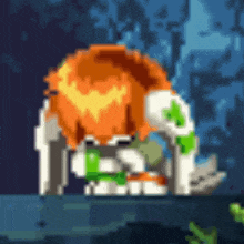 a pixel art drawing of a dog with orange hair and a green glove .