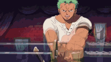 a man with green hair is holding a sword in his hand