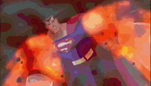 superman is surrounded by flames and has the letter s on his chest
