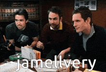 three men sitting at a table with the word jamellvery written on the bottom