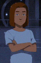 a cartoon character with his arms crossed is wearing a white shirt