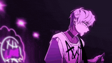 a purple anime character is looking at his phone .