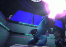 a person in a blue suit is kneeling down with a purple light coming out of their mouth
