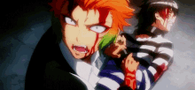 two anime characters are standing next to each other with blood on their faces
