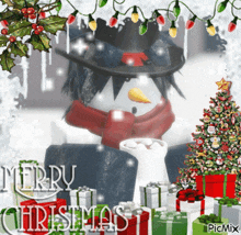 a merry christmas greeting card with a snowman and presents