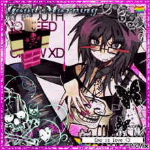 a picture of a girl that says good morning and emo is love < 3