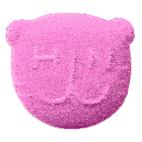 a pink gummy bear with the letter h and n etched into it