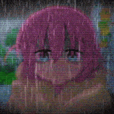 a girl with pink hair and blue eyes is in the rain