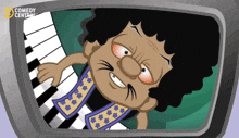 a cartoon of a man playing a piano with comedy central written on the bottom