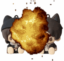 a couple of stuffed animals sitting next to each other with a huge explosion behind them