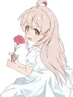 a girl in a white dress is holding a carnation