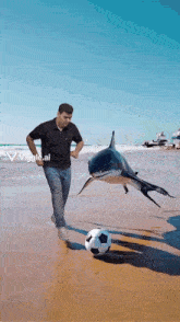 a man is kicking a soccer ball while a shark looks on