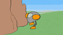 a cartoon drawing of an alien with orange eyes standing next to a rock