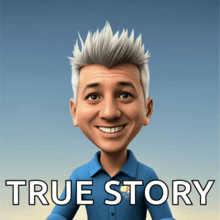 a cartoon of a man with gray hair and the words true story below him