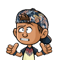 a cartoon boy wearing a floral hat is giving two thumbs up