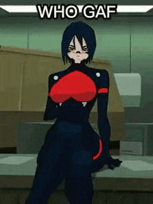 a cartoon character with a red heart on her chest is sitting on a table with the words who gaf written above her .