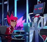 a cartoon character with a monitor on his head is standing next to another cartoon character