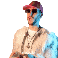 a man wearing sunglasses and a fur coat has the word mcdh written on the bottom