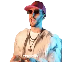 a man wearing sunglasses and a fur coat has the word mcdh written on the bottom