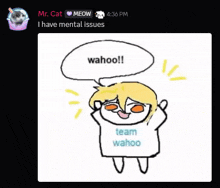 a drawing of a person with a speech bubble saying wahoo