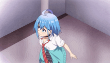a girl with blue hair and a red tie