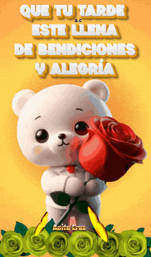 a white teddy bear holding a red rose with the words que tu tarde esti llena de bendiciones y alegria