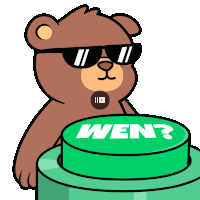a brown teddy bear wearing sunglasses is pressing a button that says wen