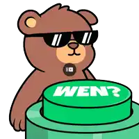 a brown teddy bear wearing sunglasses is pressing a button that says wen